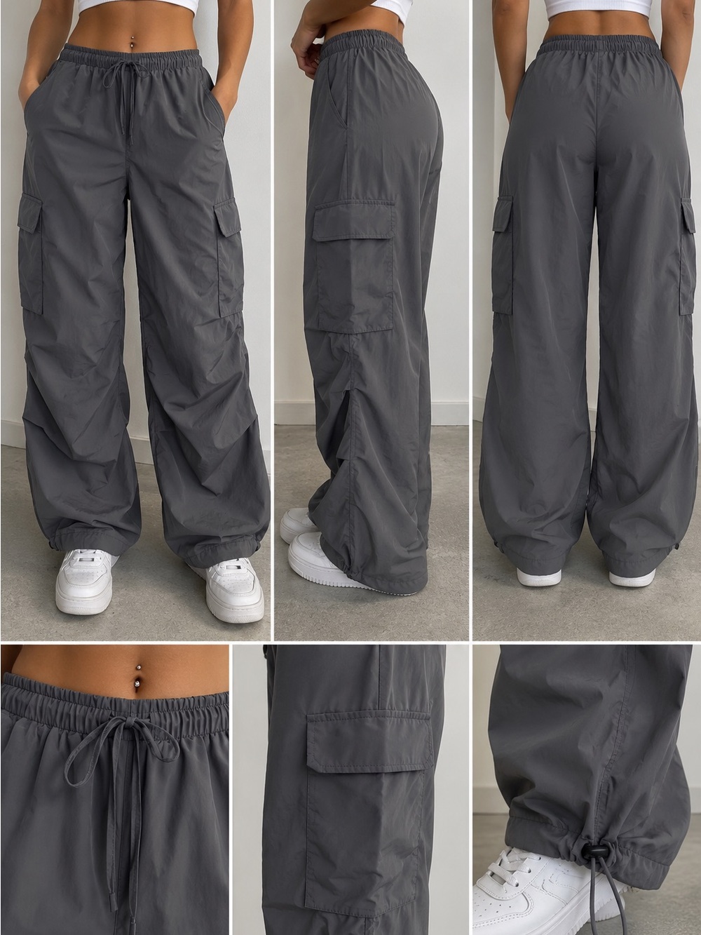 Gray Parachute Cargo Pants Women’s M Wide Leg Y2K Drawstring Utility